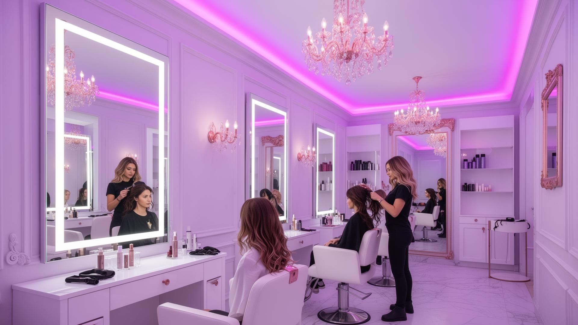Salão de beleza com iluminação rosa e atendimento em andamento