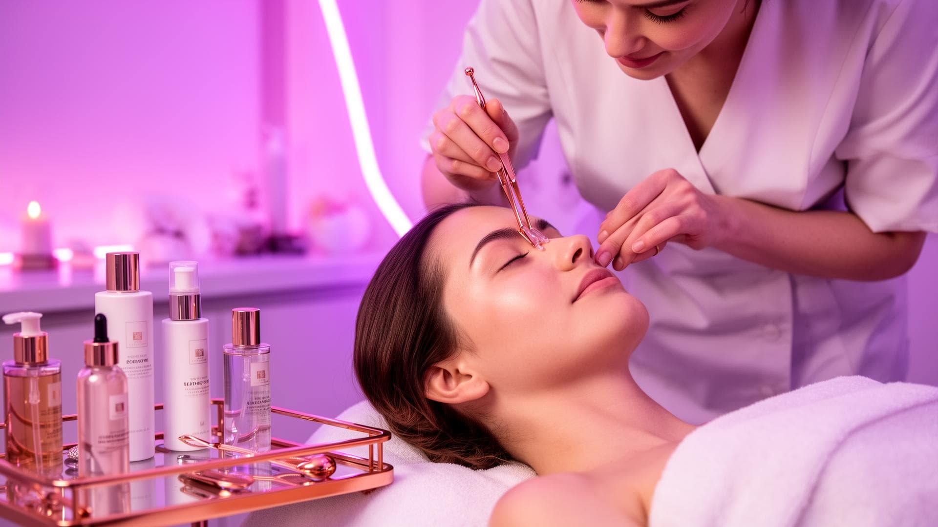 Procedimento facial em ambiente de estética com iluminação rosa