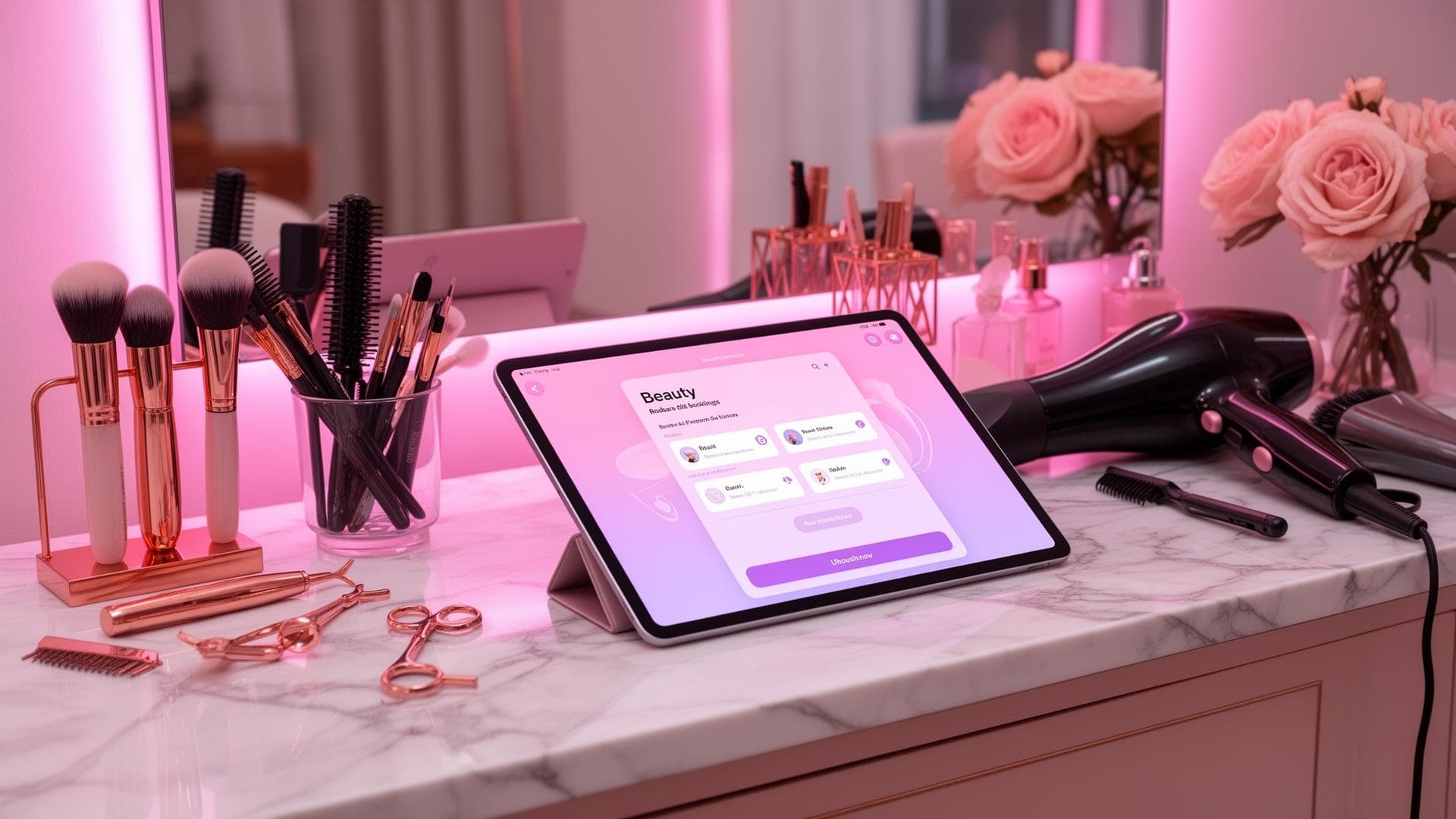 Tablet com agenda do LinkBeauty em bancada de maquiagem